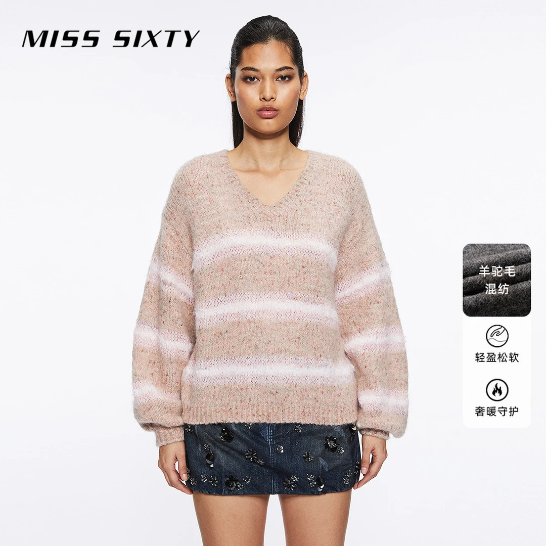 【贤哥专享】Miss Sixty冬新款针织衫复古条纹灯笼袖毛衣简约慵懒风
