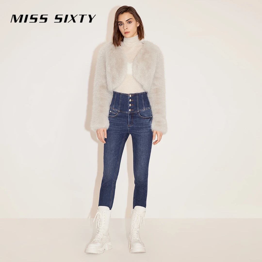 【妙妙专属】Miss Sixty冬季新款复合绒牛仔裤女四扣超高腰修身厚