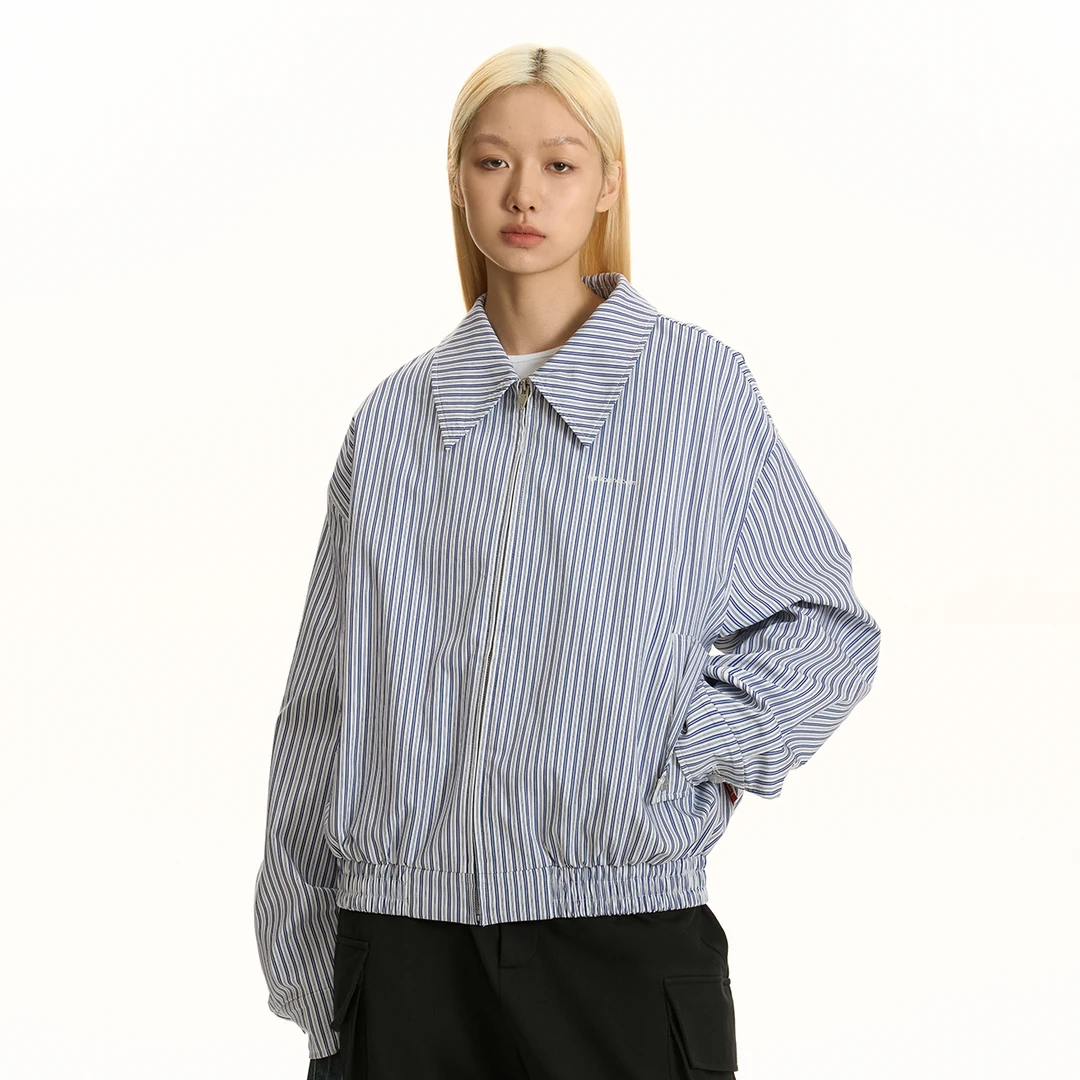 TGNS潮牌竖条纹蓝色衬衫夹克男女春秋季新款休闲宽松工装情侣外套