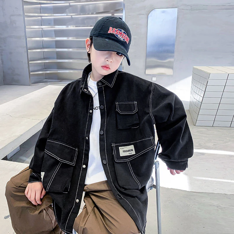 男童春秋工装衬衫牛仔外套2024新款男孩秋装酷帅薄衣服K243WT4688