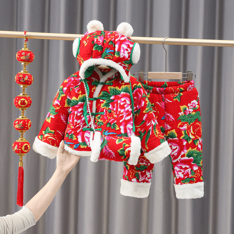 东北大花棉袄儿童冬季小孩女童宝宝套装防寒保暖加厚儿童秋冬套装