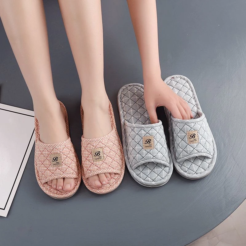 爆款日系简约情侣拖鞋春秋居家纯棉布静音室内家居防滑地板加厚