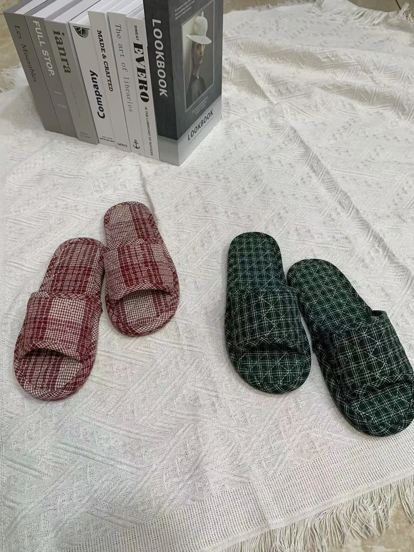 静音拖鞋四季可穿棉布防滑耐磨轻便吸灰可机洗格子拖鞋男女款包邮