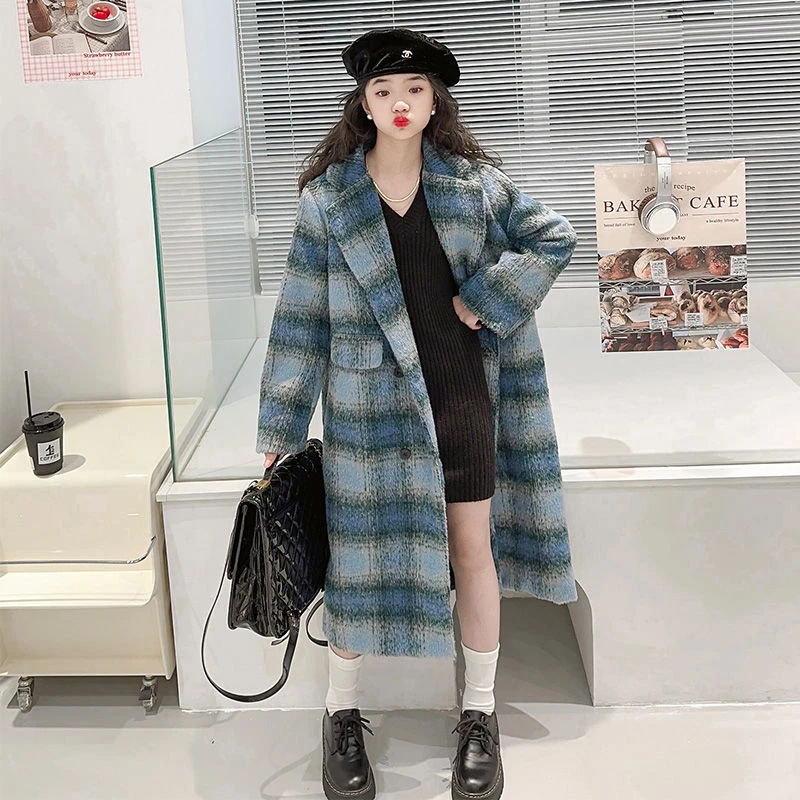 女童毛呢外套秋冬2023新款洋气中大童时髦冬季慵懒风夹棉格子大衣