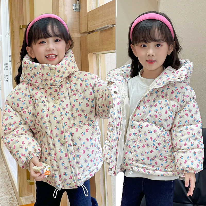 碎花女童连帽外套棉袄面包服棉衣新款女宝宝洋气棉衣冬季装中小童