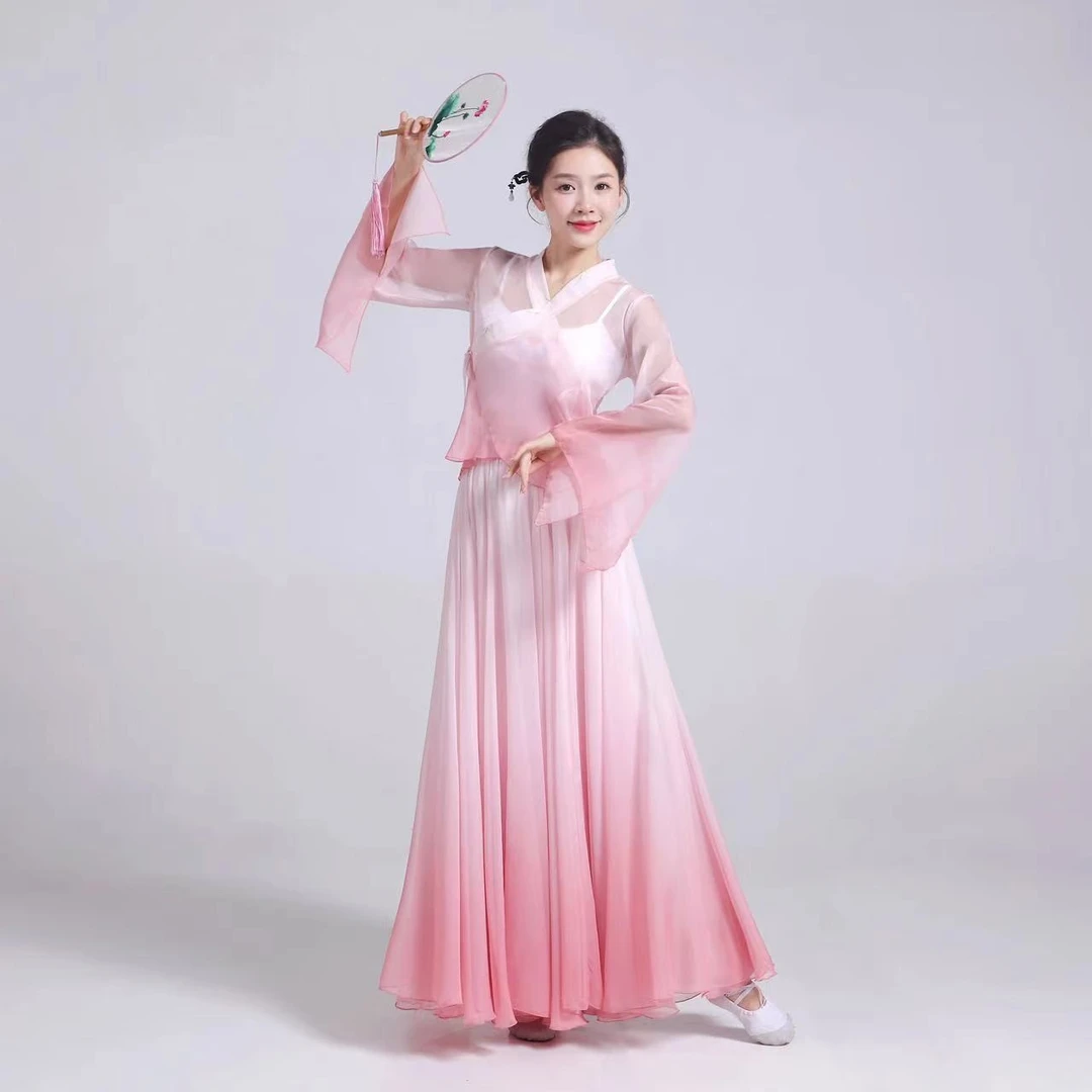 中国风720度民族舞古风仙女大摆裙扇子舞飘逸淡雅练功服艺考广袖