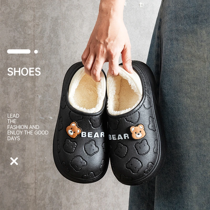冬季可爱小熊棉拖鞋防水冬天包跟外穿超萌踩屎感防滑保暖居家防寒