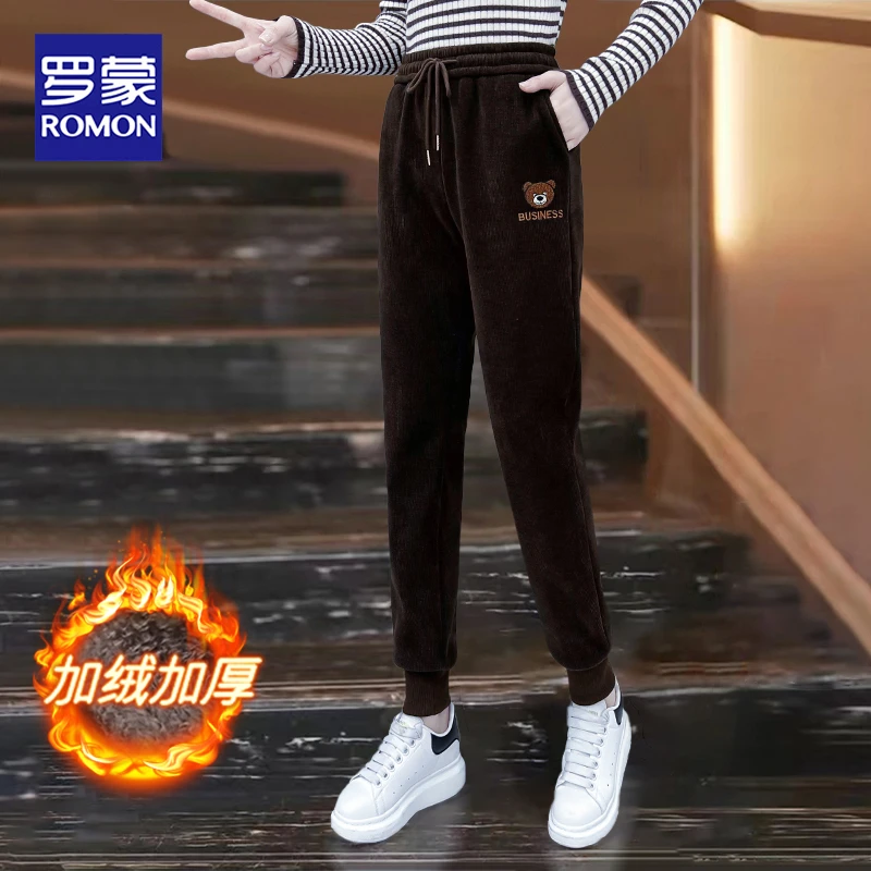 Romon/罗蒙加绒加厚束脚休闲裤女2023秋冬季新款宽松卫裤时尚裤子