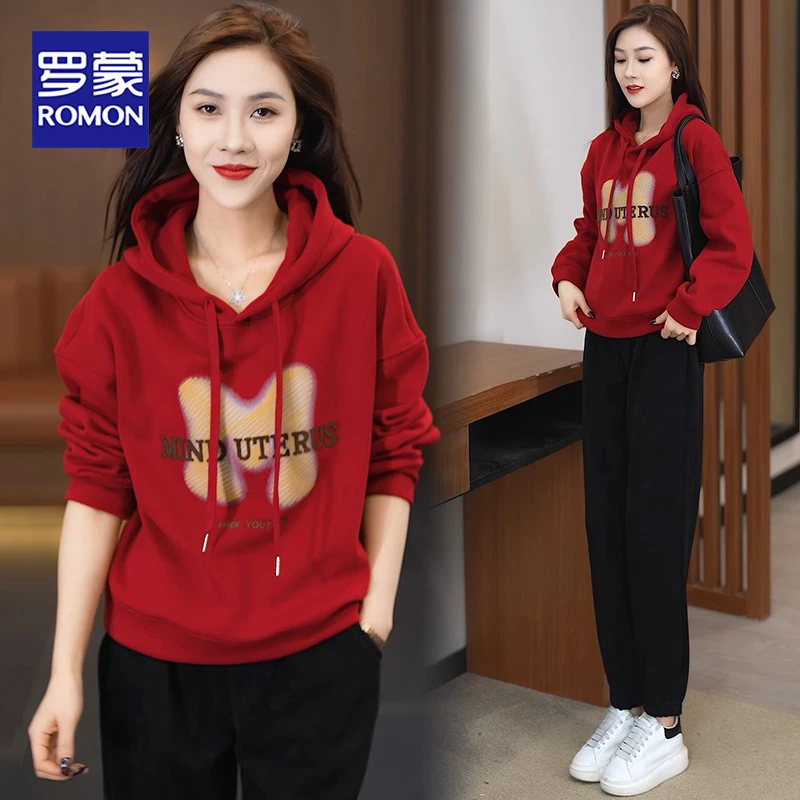 Romon/罗蒙连帽卫衣女长袖2024春秋新款时尚百搭宽松运动休闲上衣