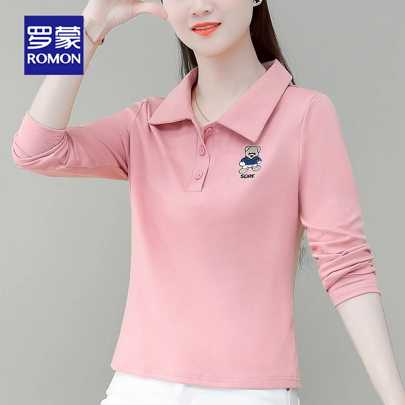 Romon/罗蒙长袖t恤女v领2023新款春秋季薄款时尚气质百搭显瘦上衣