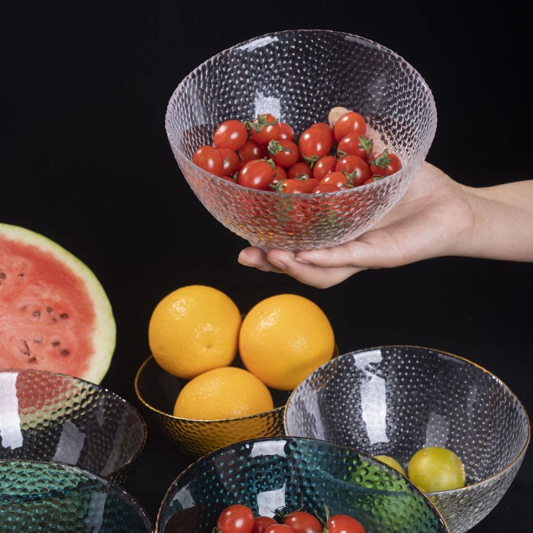 轻奢北欧ins玻璃家用沙拉碗金边甜品碗水果碗斜口透明玻璃碗餐具