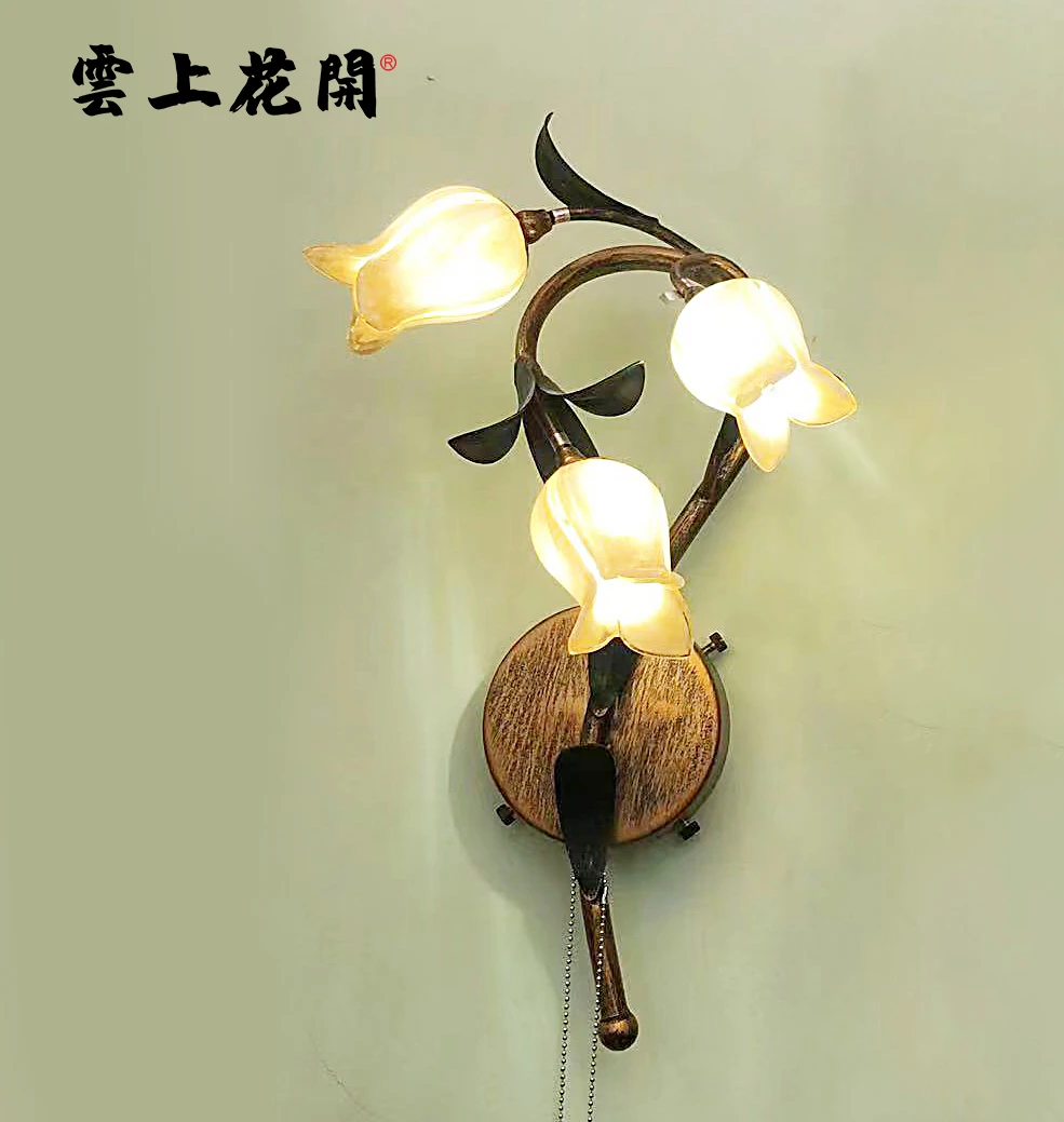 三头仿古郁床头壁灯美式个性卧室客厅壁灯北欧复古琉璃花灯具