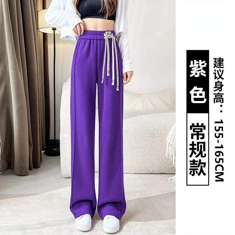 紫色运动裤女春秋2024新款阔腿裤广场舞裤松紧高腰韩版直筒裤裤子