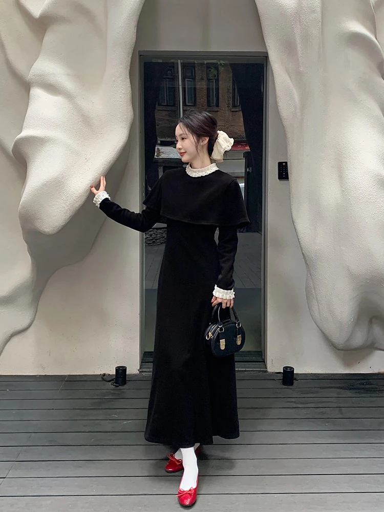大码女装法式小香风披肩斗篷+收腰连衣裙赫本风小黑裙两件套