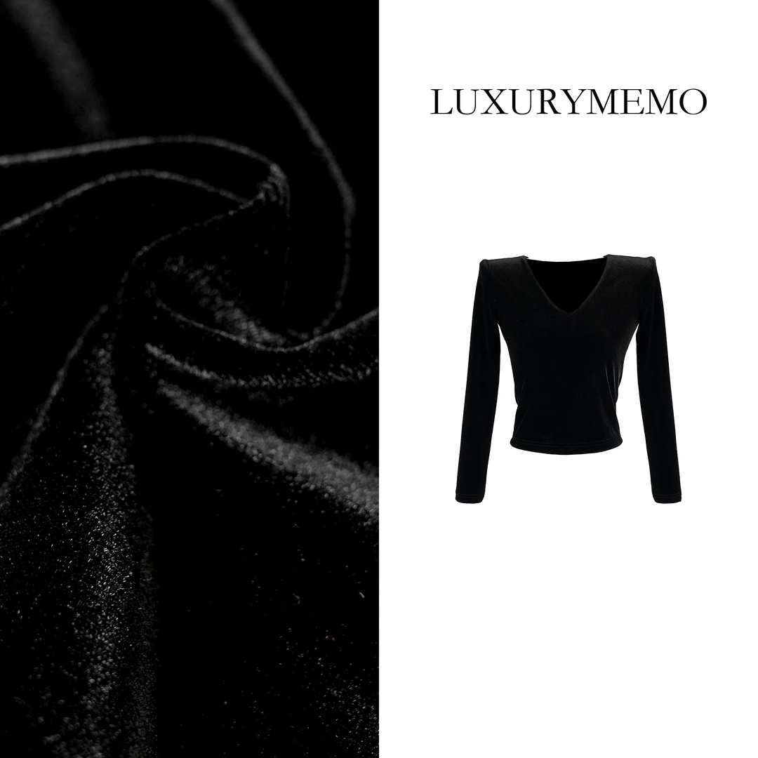 LUXURYMEMO【刘熊熊】丝绒万能修身打底 长袖T恤气质显瘦v领