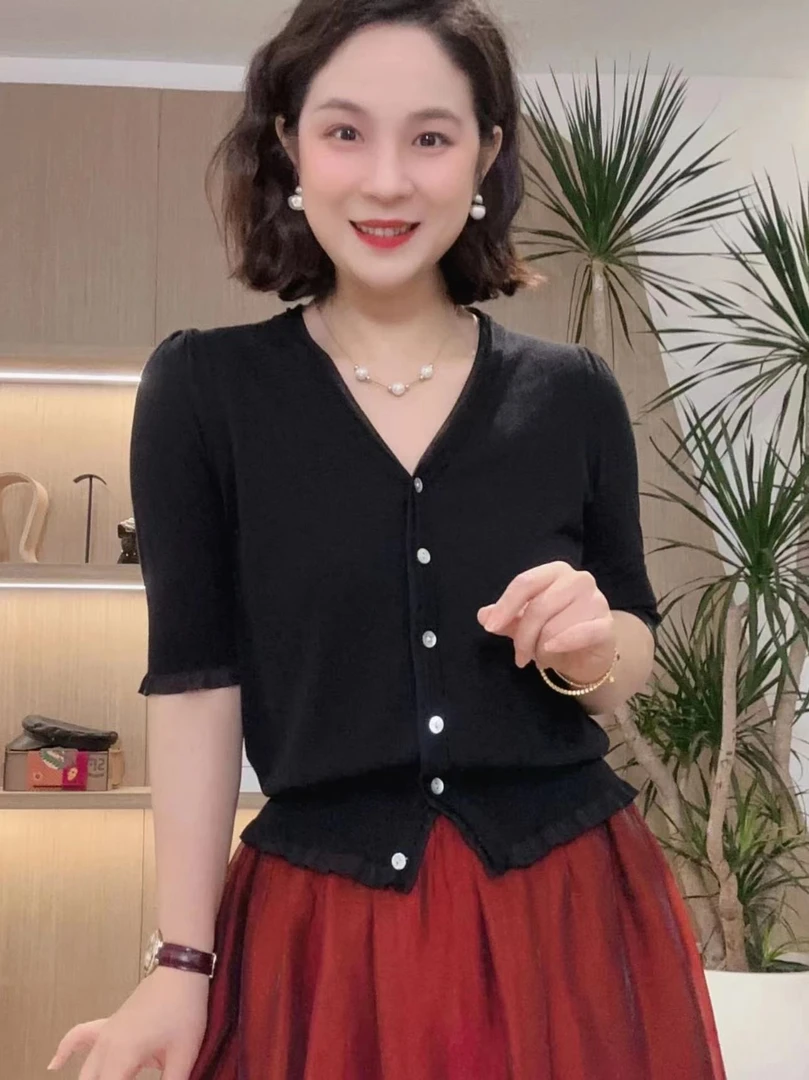 GT7821短袖V领小开衫2022时尚设计师款夏款小开衫