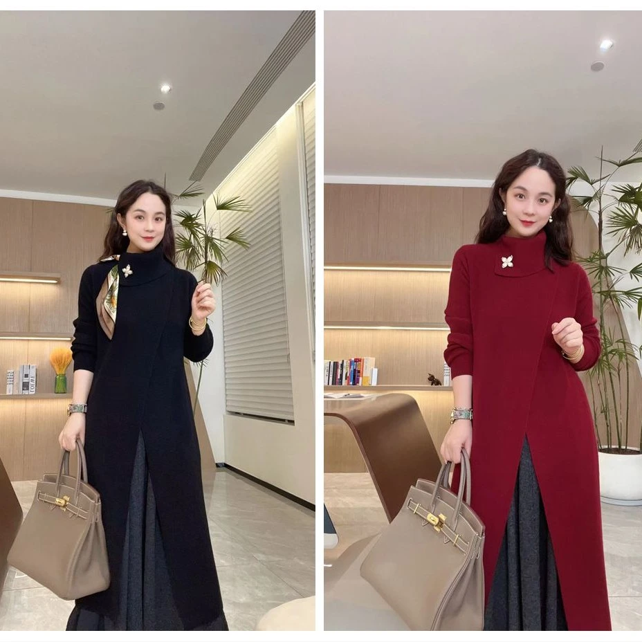 LVMU/吕木LVMU/吕木长袖蝴蝶领开叉羊毛连衣裙羊GT7920