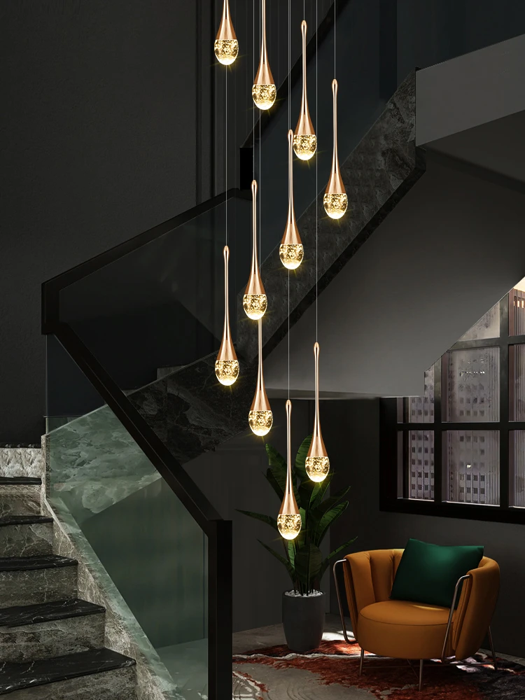 楼梯灯别墅复式楼客厅大吊灯楼梯间旋转轻奢led水晶灯楼梯长吊灯