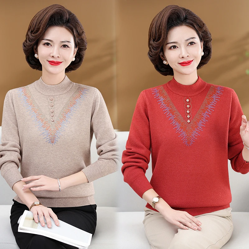 妈妈2023冬装新款针织加绒保暖半高领毛衣中老年女宽松圆领毛衣