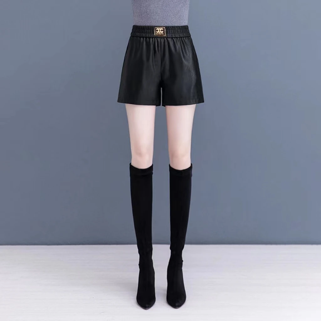 皮短裤女休闲秋冬时尚百搭黑色高腰大码直筒宽松显瘦皮短裤外穿