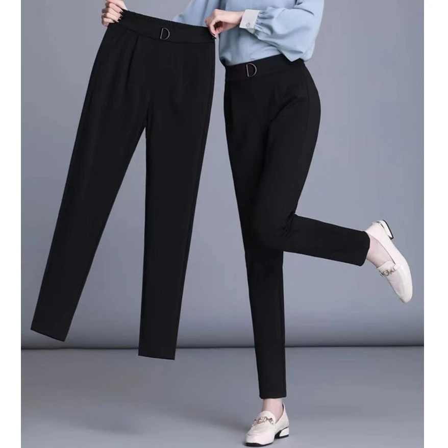 早春新款时尚裤高腰显瘦哈伦裤子修身弹力小脚休闲黑色女冰丝韩版