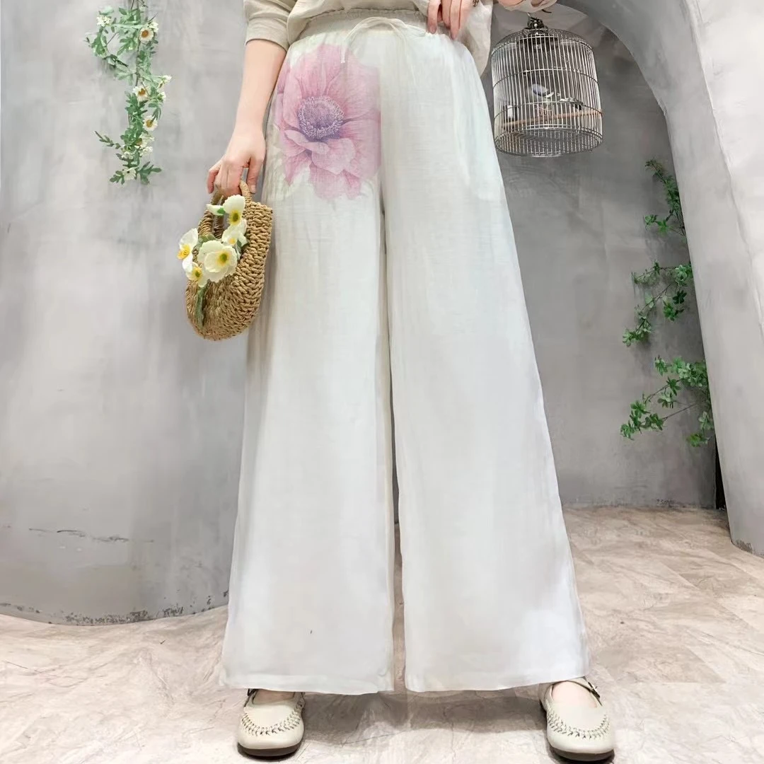 2025中国风时尚复古印花女士显瘦新款百搭松紧腰双层苎麻阔腿裤