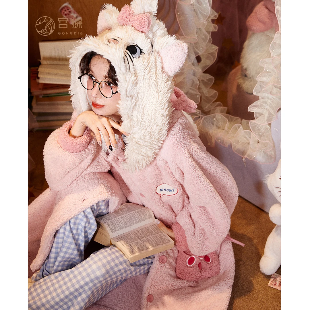 宫蝶【蓄热型】迪士尼玛丽猫睡袍秋冬睡衣女加厚保暖珊瑚绒家居服