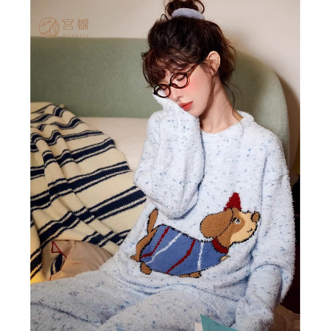 宫蝶腊肠狗绒绒睡衣女秋冬半边绒防静电卡通小狗家居服