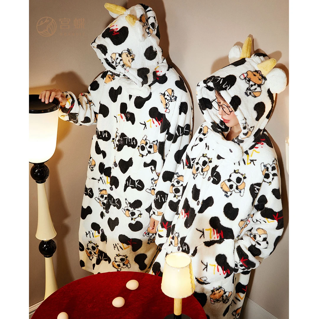 宫蝶【蓄热型】蜡笔小新情侣睡袍女秋冬珊瑚绒长款睡衣家居服男士