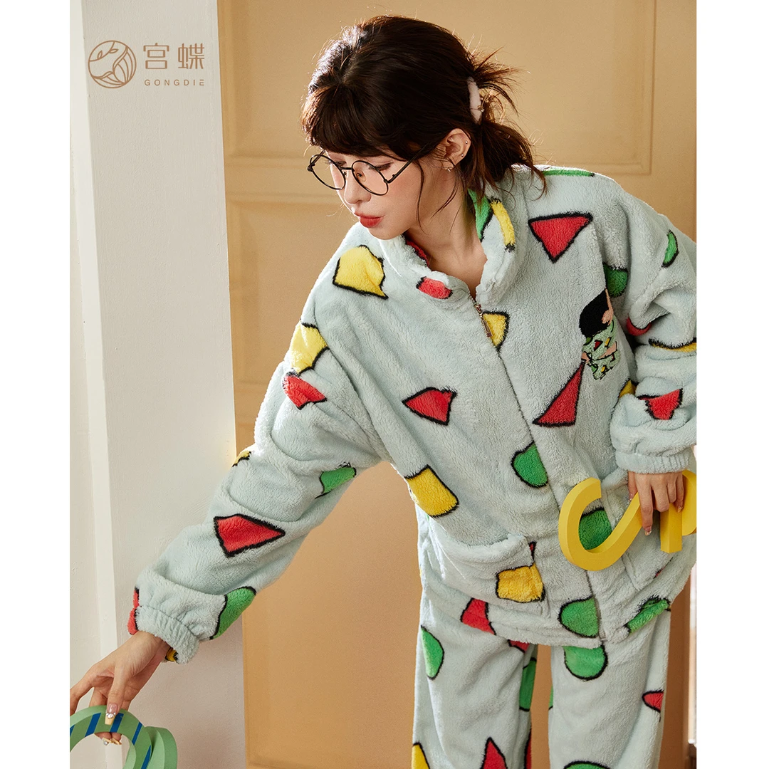 宫蝶【礼袋装】蜡笔小新睡衣女秋冬加厚款防静电珊瑚绒家居服套装