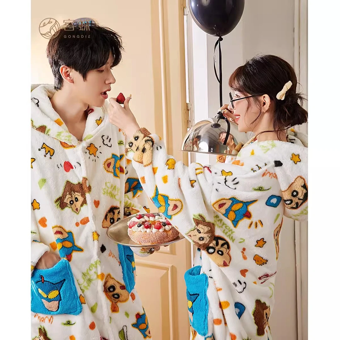 宫蝶【蓄热型】蜡笔小新秋冬季情侣睡衣女保暖加厚珊瑚绒家居服男