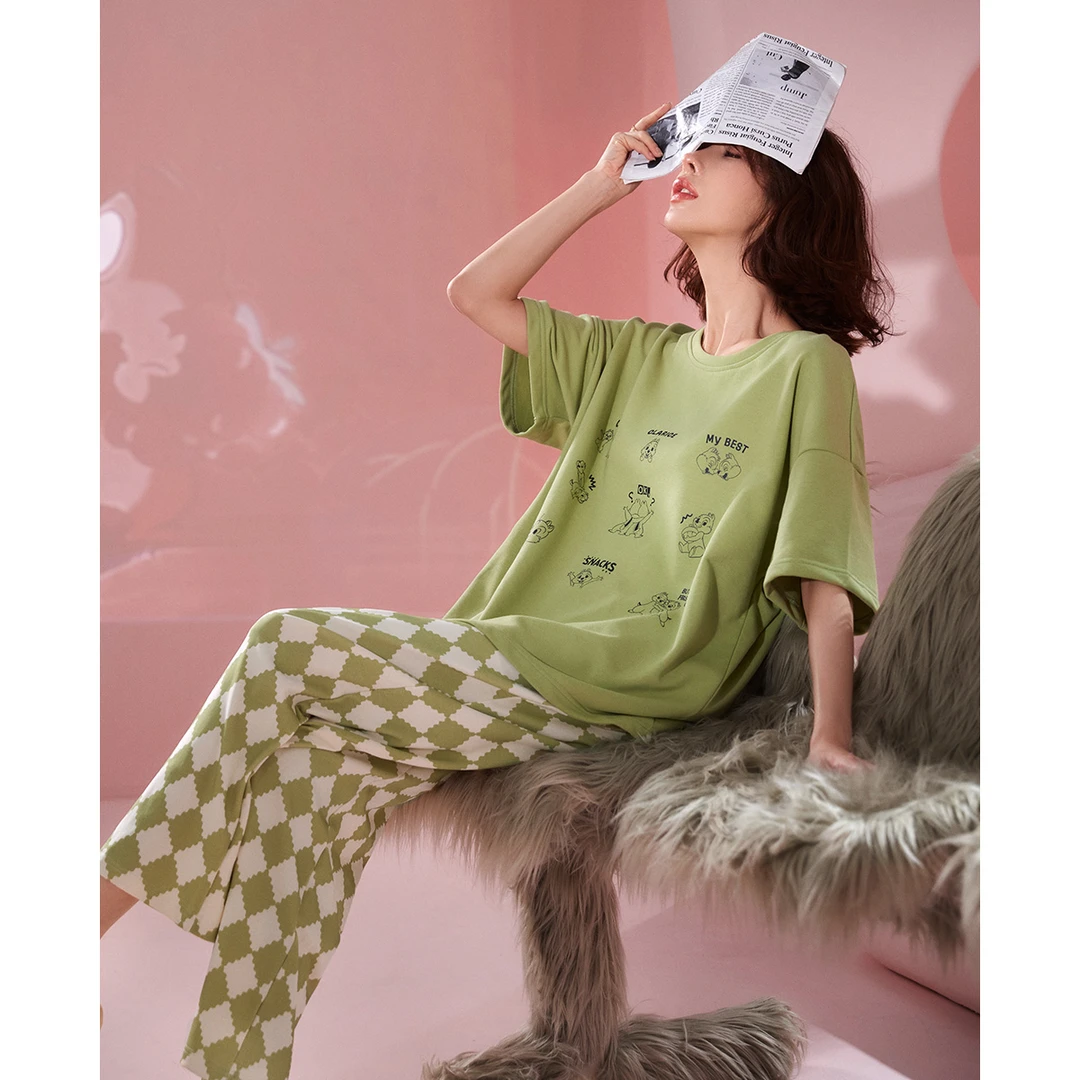 宫蝶迪士尼睡衣女夏季纯棉短袖套装卡通可外穿家居服