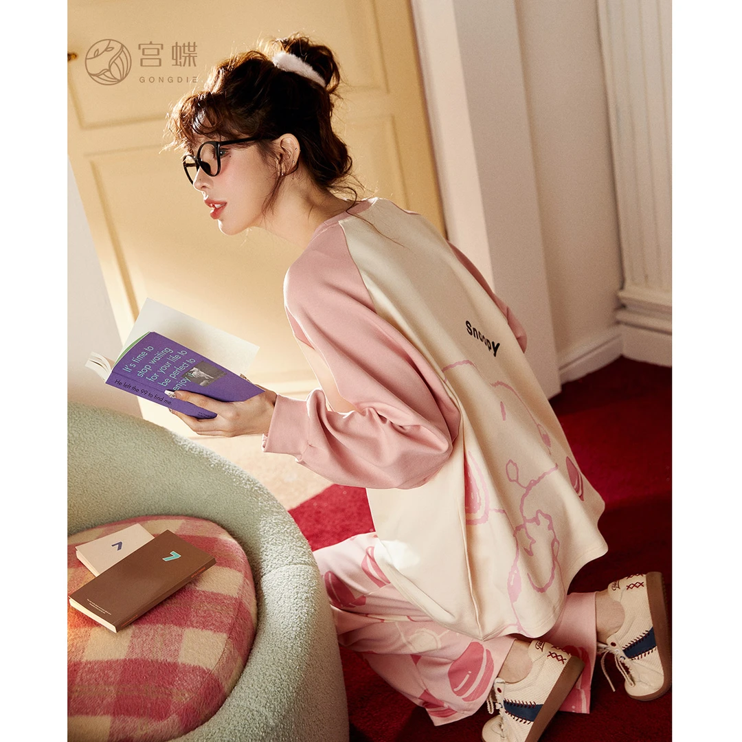 宫蝶【轻柔软】史努比春秋睡衣女长袖休闲外穿可爱纯棉家居服套装