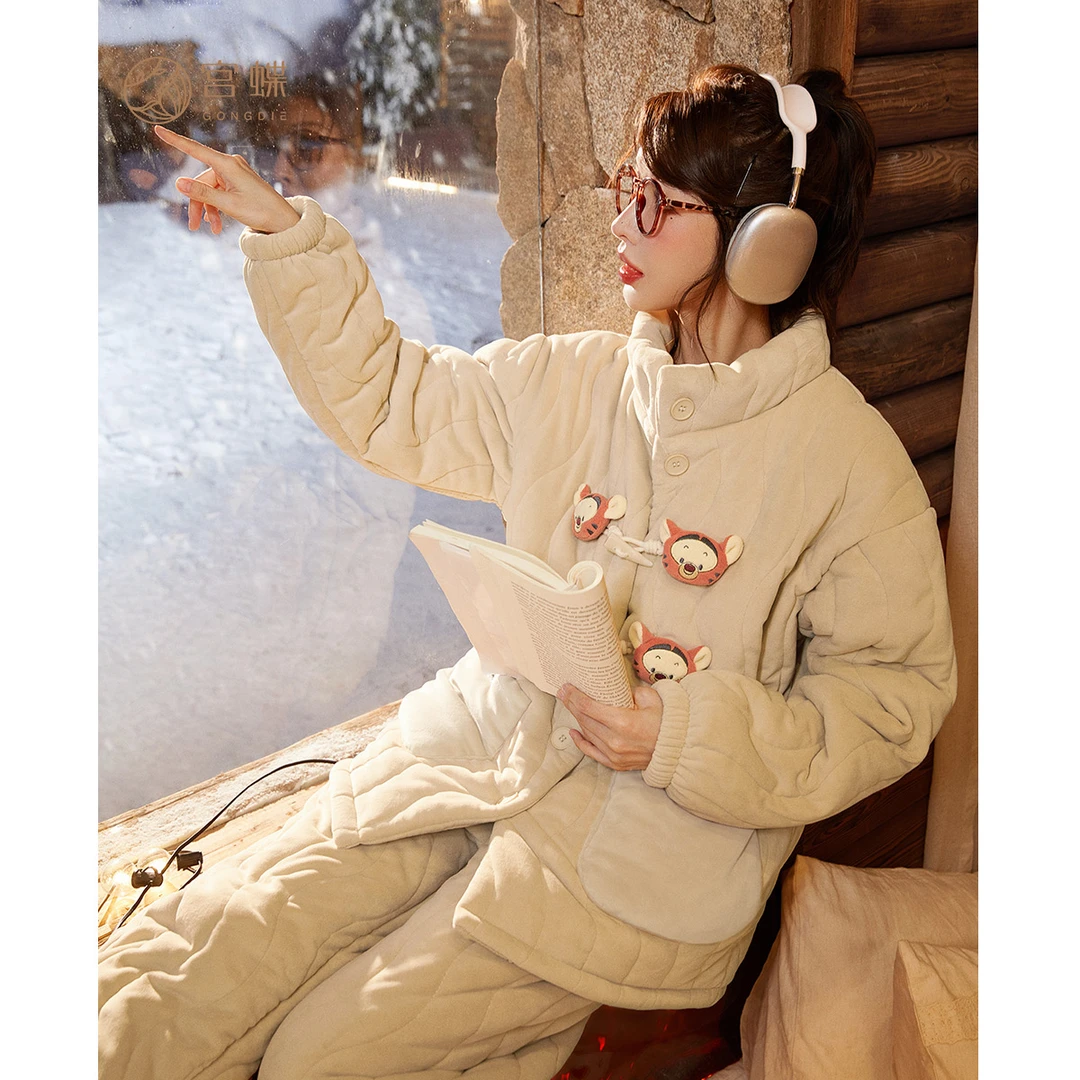 宫蝶【御寒型】迪士尼跳跳虎睡衣女冬季加厚珊瑚绒夹棉家居服套装