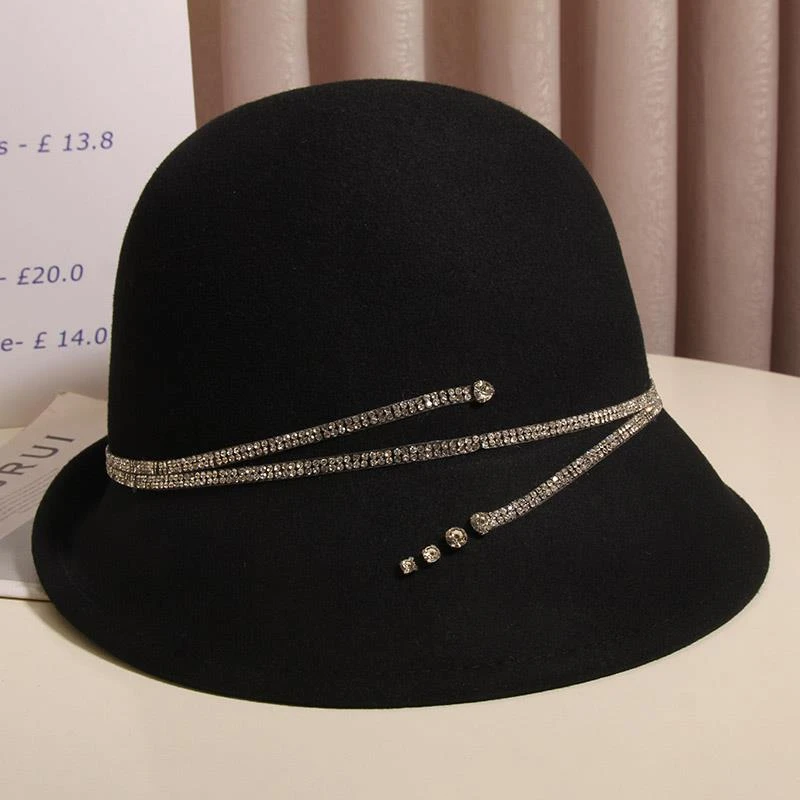 法式赫本风优雅水钻高档羊毛呢渔夫帽女秋冬英伦卷边盆帽气质礼帽