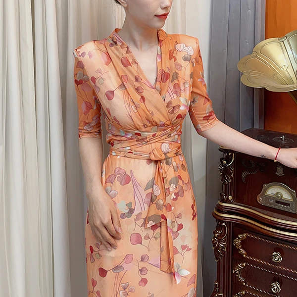 【如花似月】法式贵气显瘦弹力花色网纱裹身裙收腰绑带包臀连衣裙