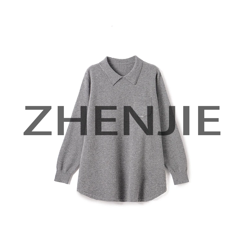 【珍姐】烫钻设计 极简休闲宽松慵懒风全毛翻领针织衫DC4835