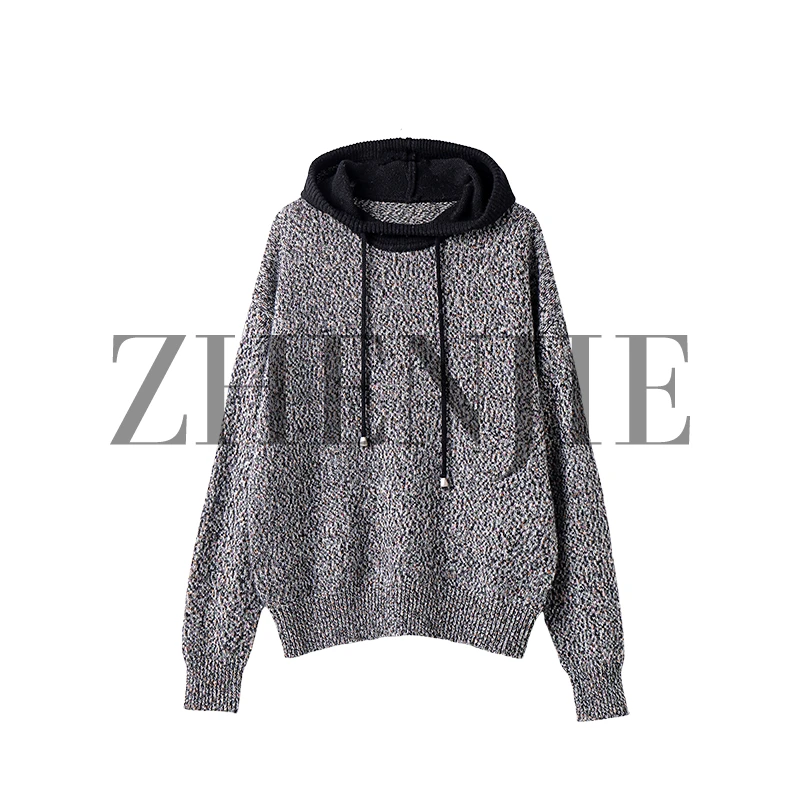 【珍姐】金丝混纱 百搭超柔绵羊毛混色拼接抽绳连帽针织衫DC5130