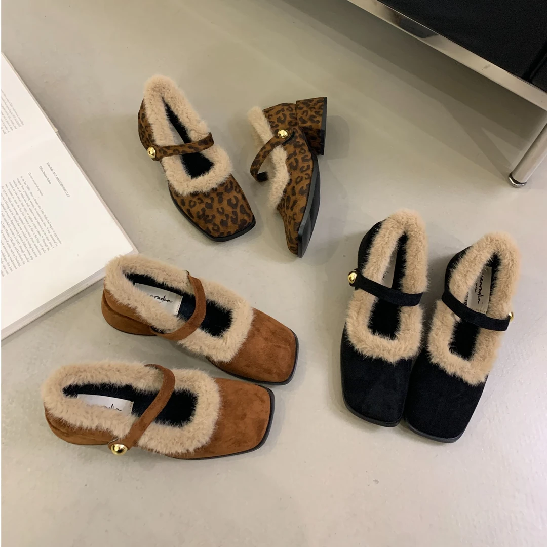 高跟复古玛丽珍毛毛鞋外穿女鞋2024年新款秋冬加绒棉鞋单鞋女