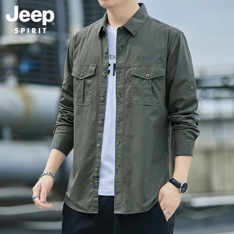 JEEPSPIRIT春秋季法式工装长袖衬衫男士宽松男装百搭休闲外套