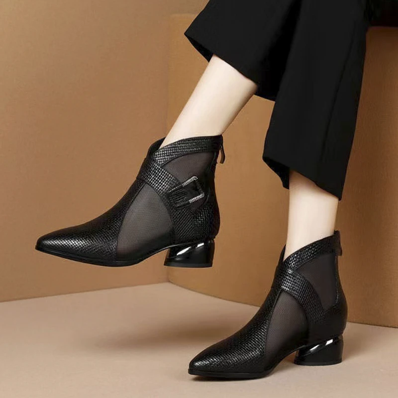 真皮中跟网靴夏季网纱凉靴2025春夏新款凉鞋女粗跟包头凉鞋罗马鞋