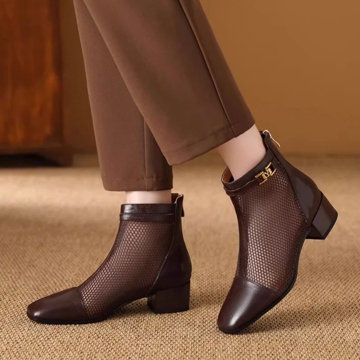 女款网靴2025新款中跟真皮网纱凉鞋中老年软羊皮粗跟镂空舒适凉靴