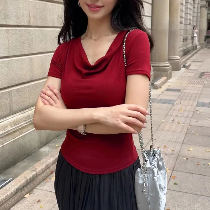 夏季交叉荡领上衣短袖时尚v领设计感褶皱打底衫女百搭简约t恤