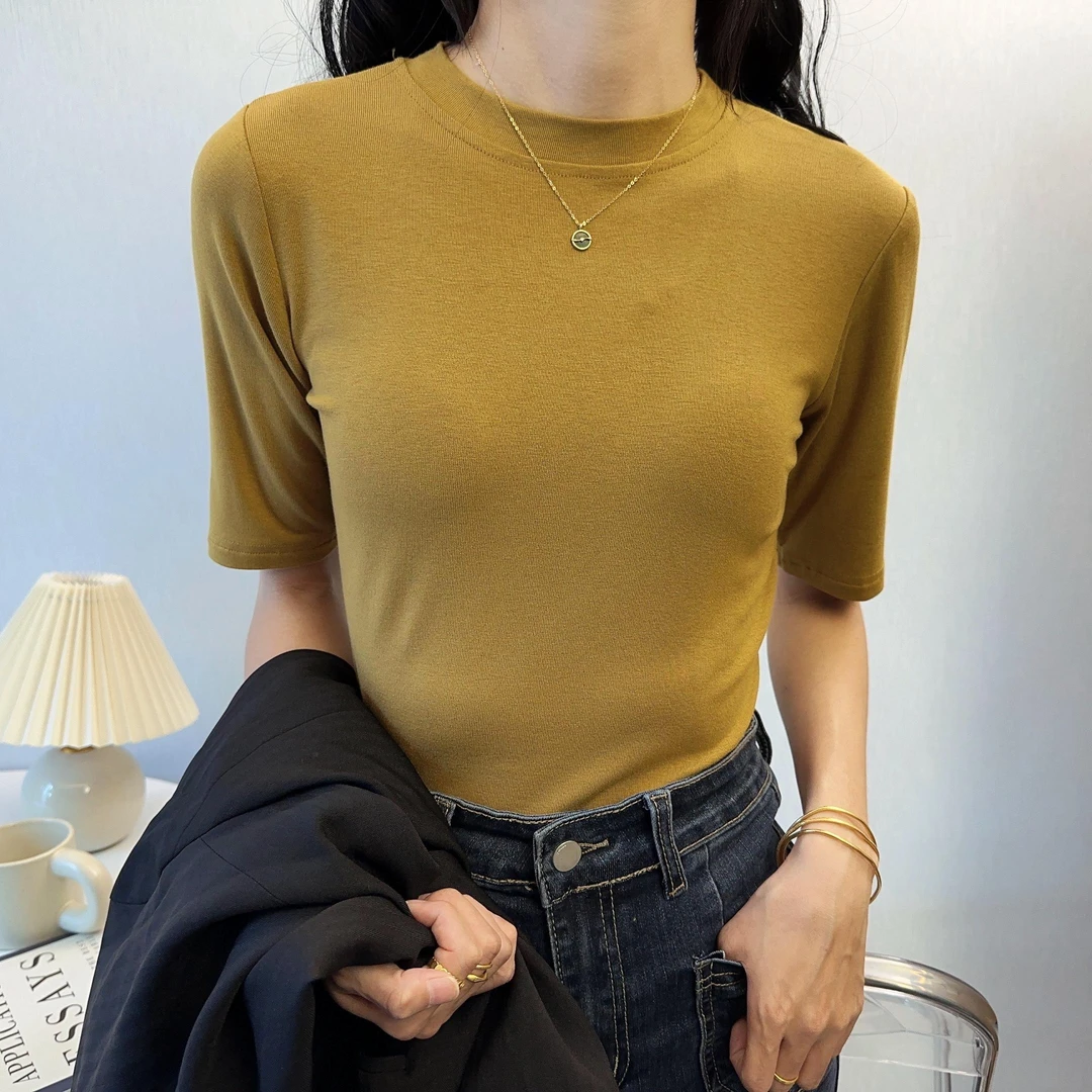 半高领夏秋新款螺纹夏季修身T恤女简约百搭打底五分袖上衣洋气