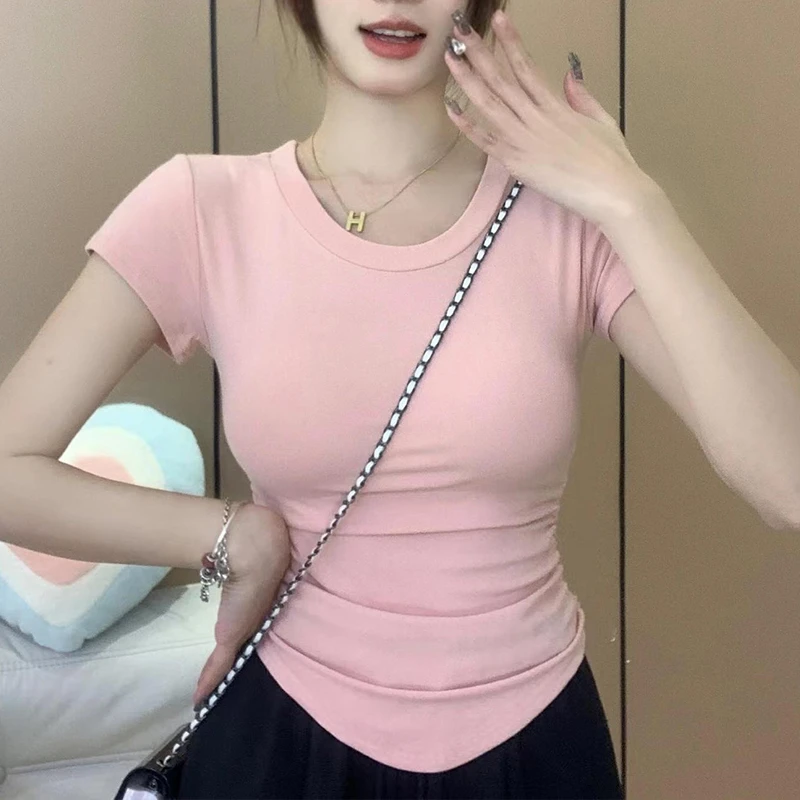 纯欲风夏季新款修身辣妹圆领短袖T恤时尚不规则显瘦上衣短款韩版