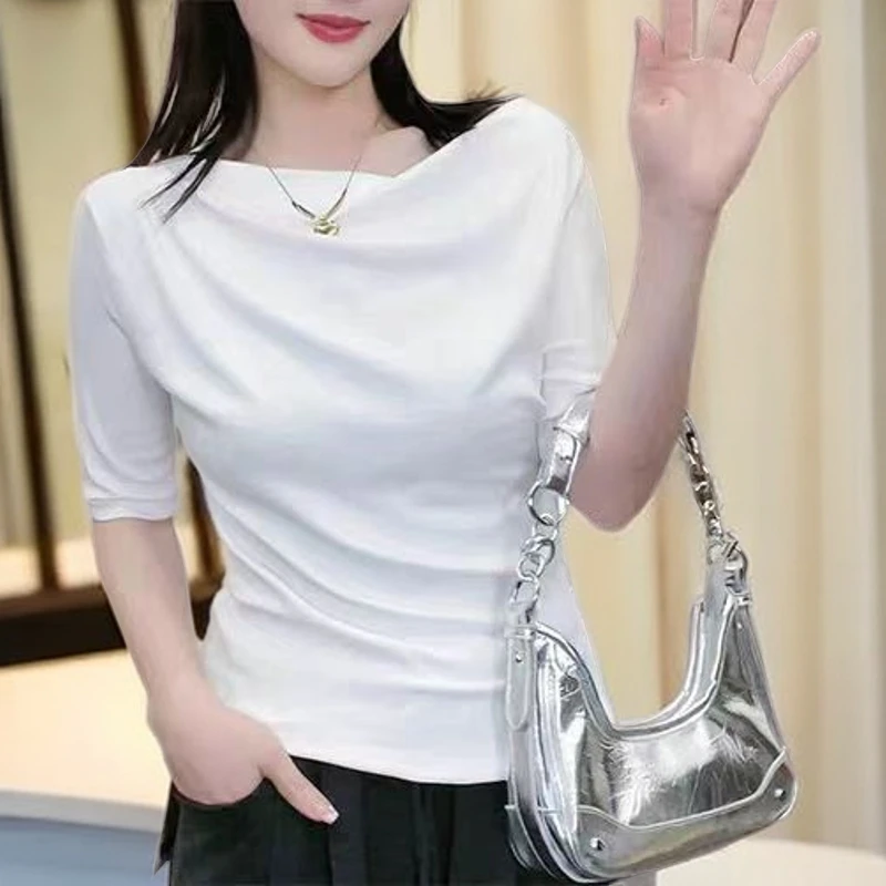 新款打底衫女设计感修身上衣潮露肩一字肩五分袖T恤女秋夏装百搭