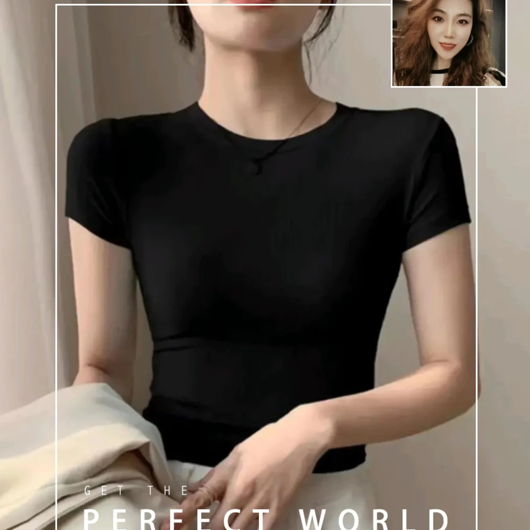 短袖圆领女t恤夏短款上衣正肩体恤修身简约夏季螺纹显瘦打底衫女