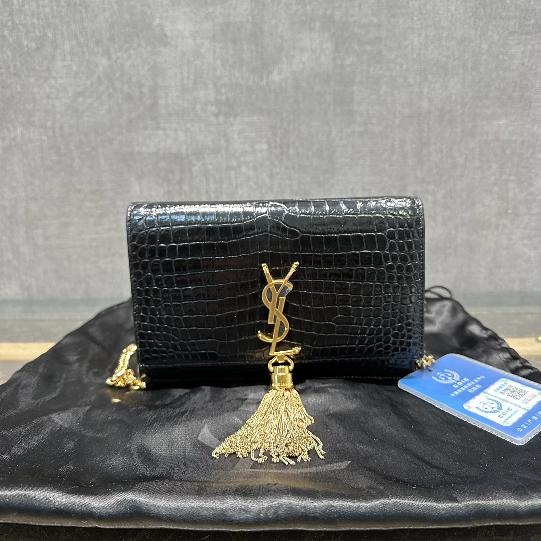 95新 YSL/圣罗兰 Kate woc黑色鳄鱼压纹流苏包斜挎包 12168