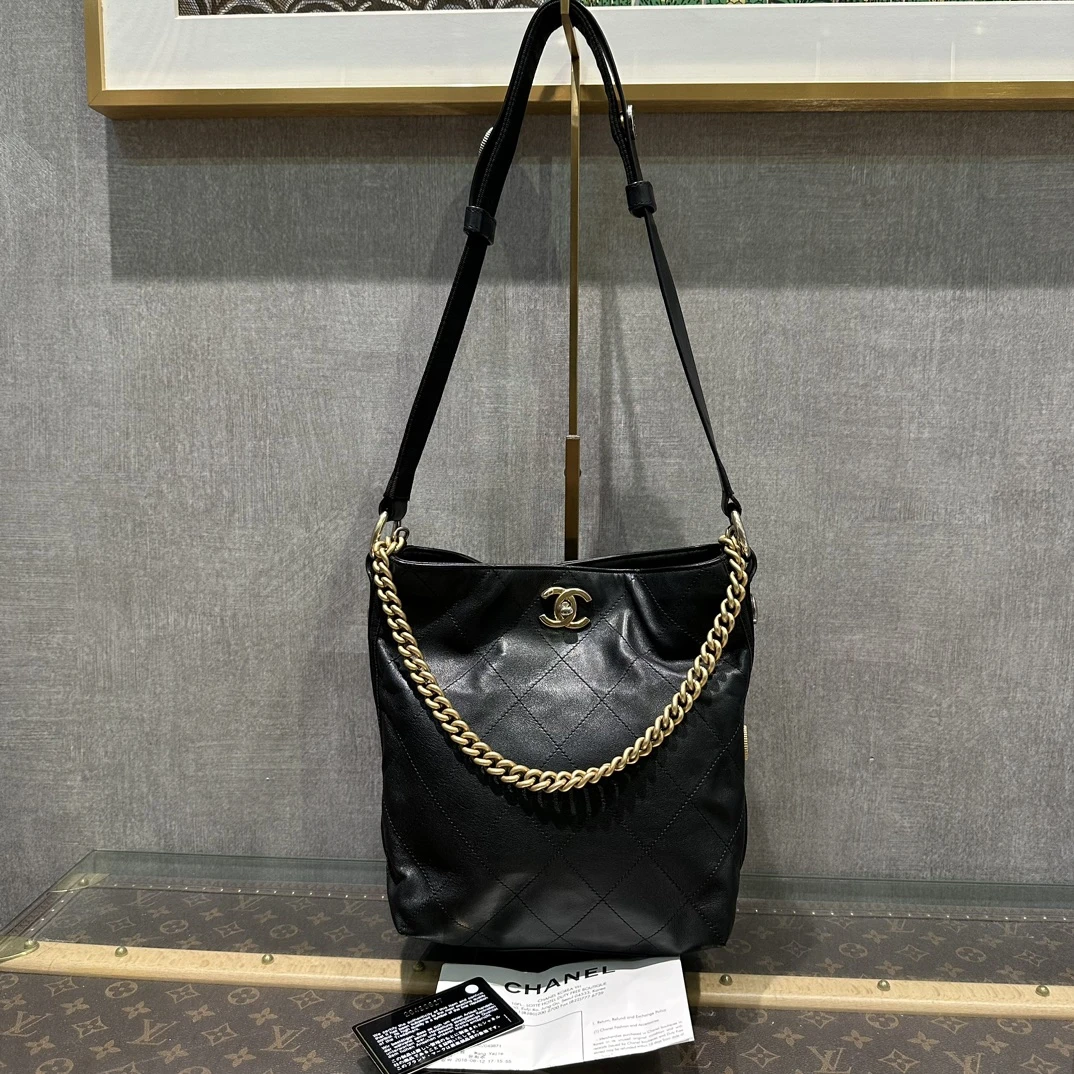 95新 Chanel/香奈儿 黑金hobo嬉皮手提单肩斜挎包 13004