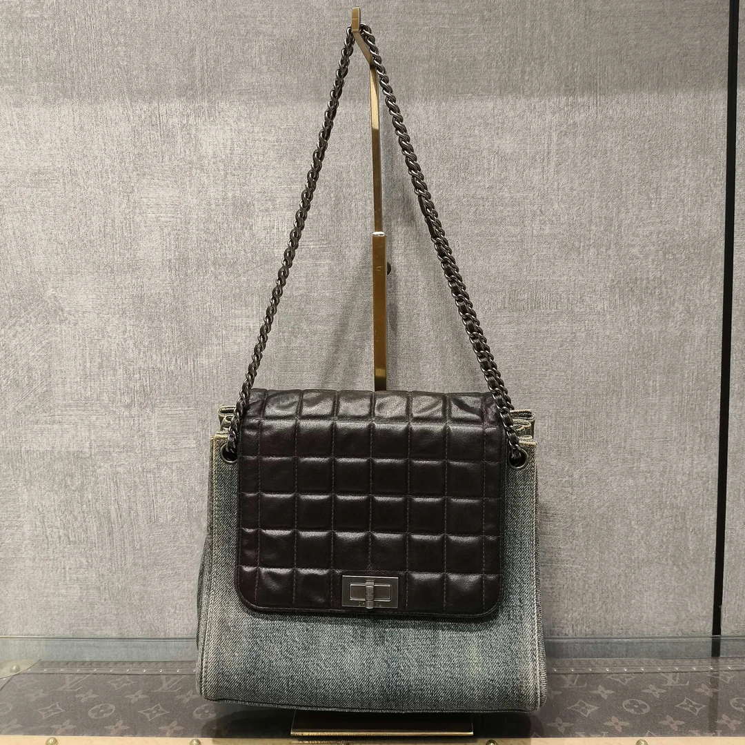 95新 Chanel/香奈儿 2.55牛仔拼皮单肩斜挎链条包 24305